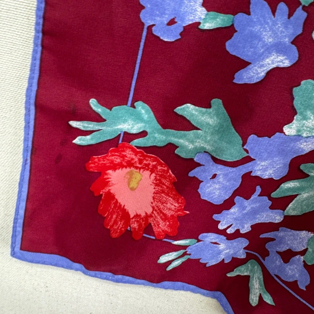 Vera Scarf Squares Set of 2 Burgundy Red Floral Silk Blend Vintage Cottagecore